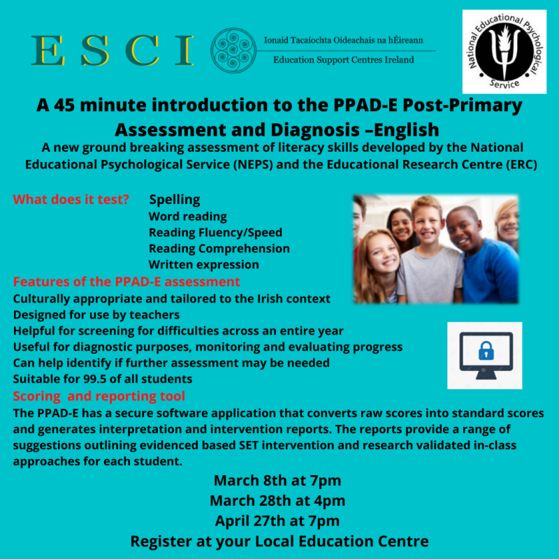 PNG of A 45 minute introduction to the PPAD E Post Primary Assessment and Diagnosis English A new ground breaking assessment of literacy skills developed by the National Educational Psychological Service 3